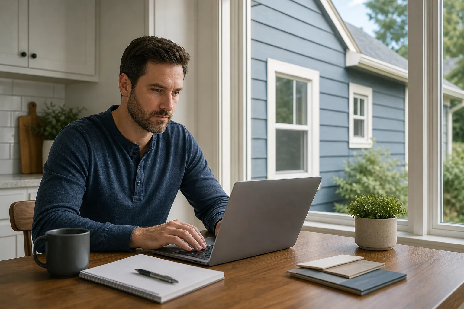 Homeowner at a kitchen table sending an email request about siding repair for their house