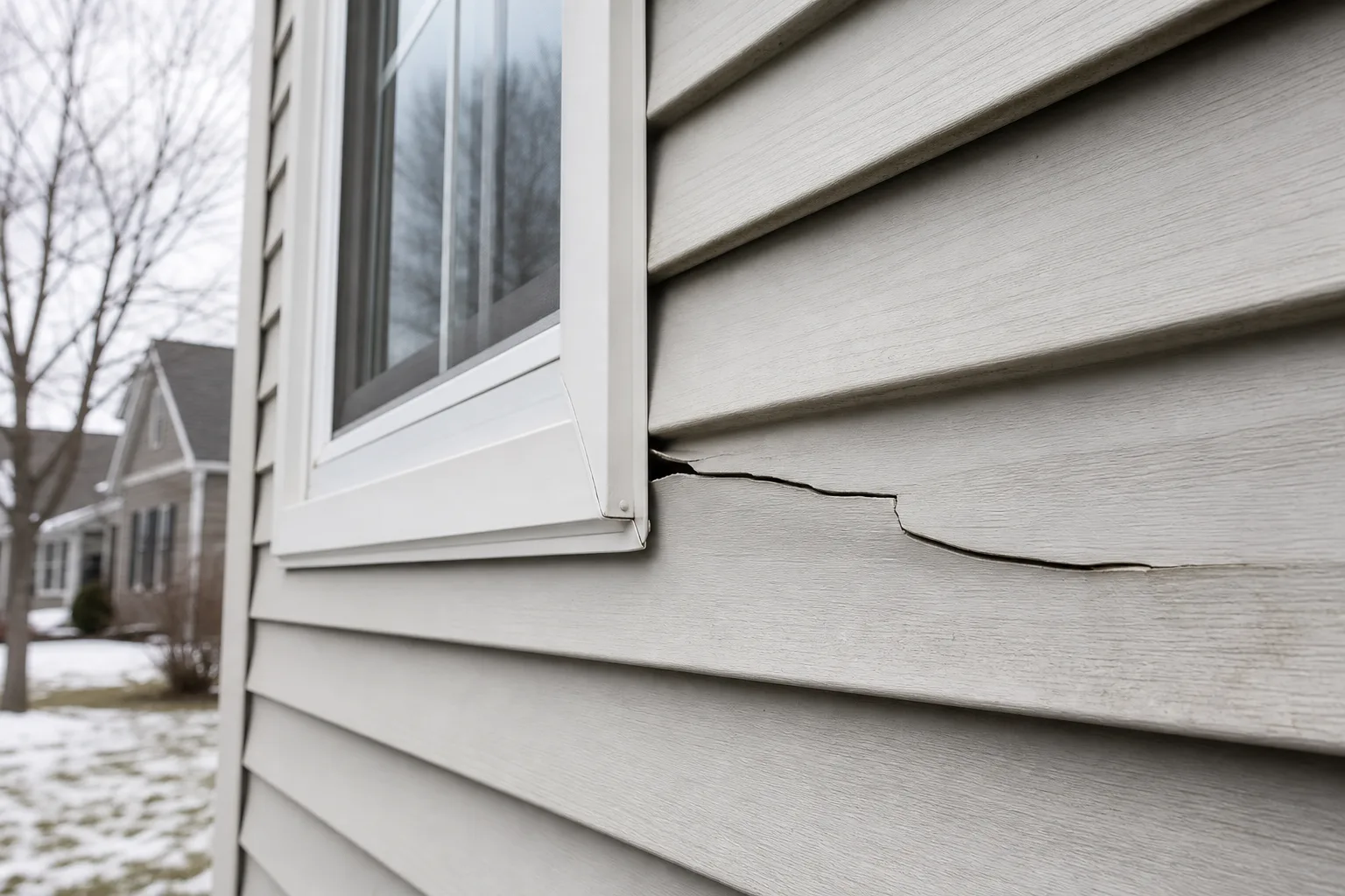 Close up of cracked and warped siding panels on a suburban house exterior wall
